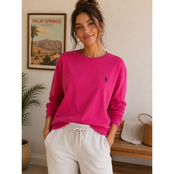 Ralph Lauren Sport Tops - RALPH LAUREN SPORT Long Sleeve Ribbed Knit Top Women XL Pink Pony Logo Preppy